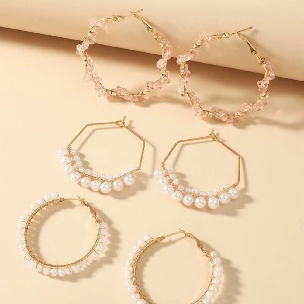 NEW Gold Pearl Pink Bead Hoop Earrings Lot of 3‎